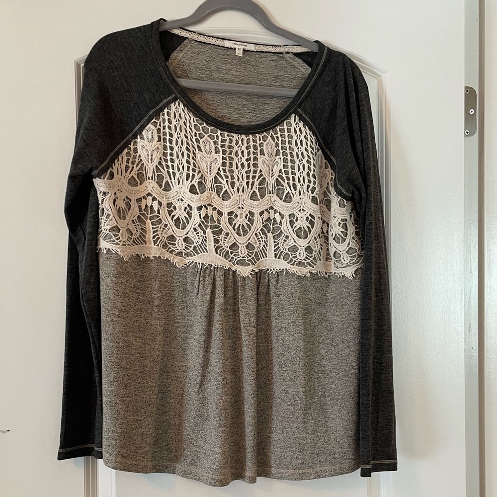 Maurice’s - lace overlay accent baseball style, soft. EUC. Size L